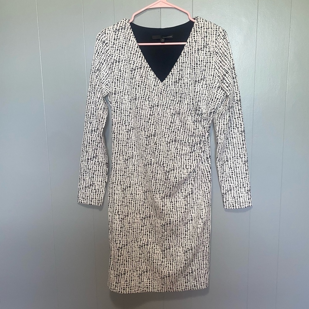 Harve Benard White Twill Long Sleeve Cotton V-Neck Knee Length Dress Small